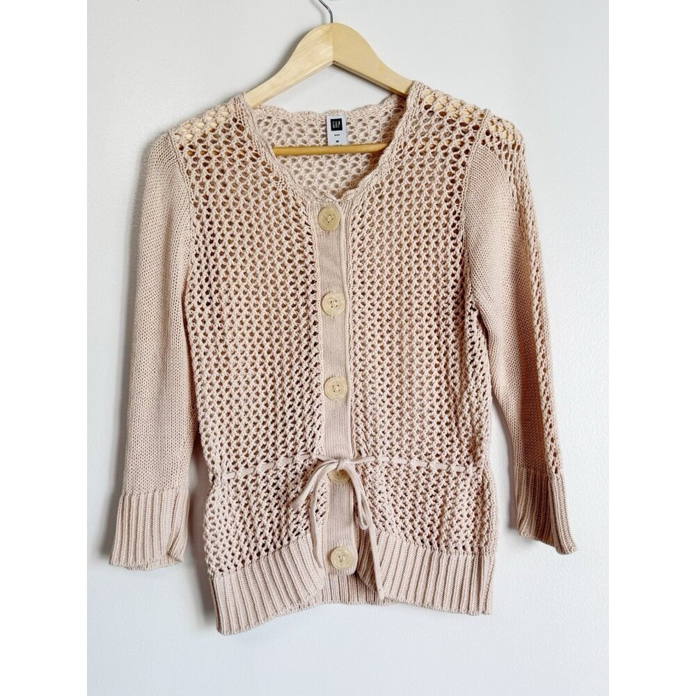 GAP Women’s Beige Y2K Open Knit Cardigan Sweater Medium Button Front Tie Waist
